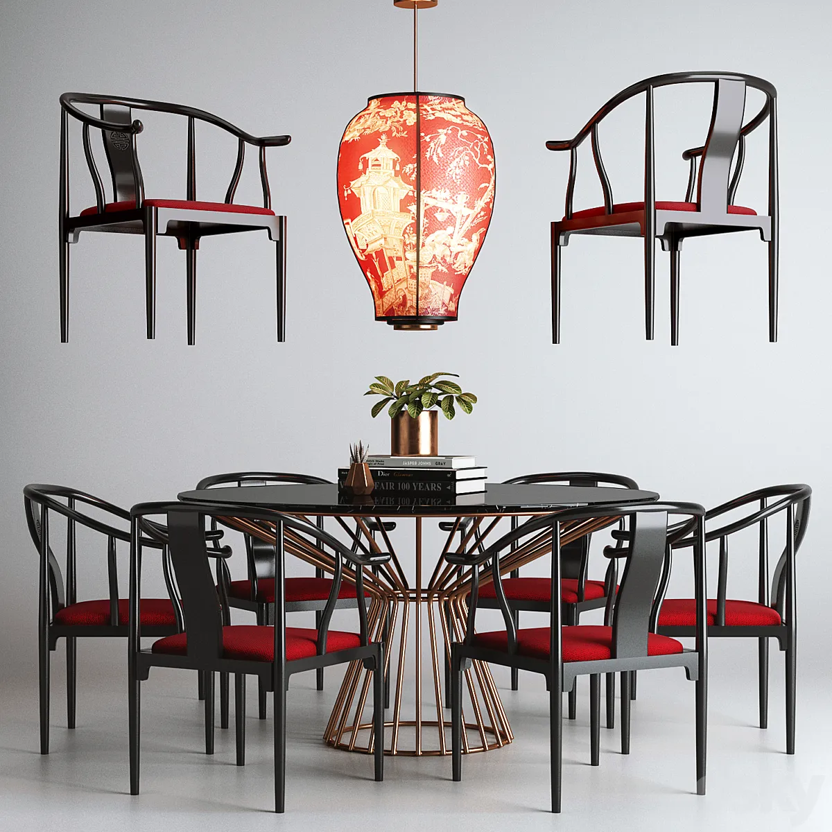 مدل سه بعدی میز و صندلی و روشنایی چینی تری دی مکس + ویری Asian Set 01