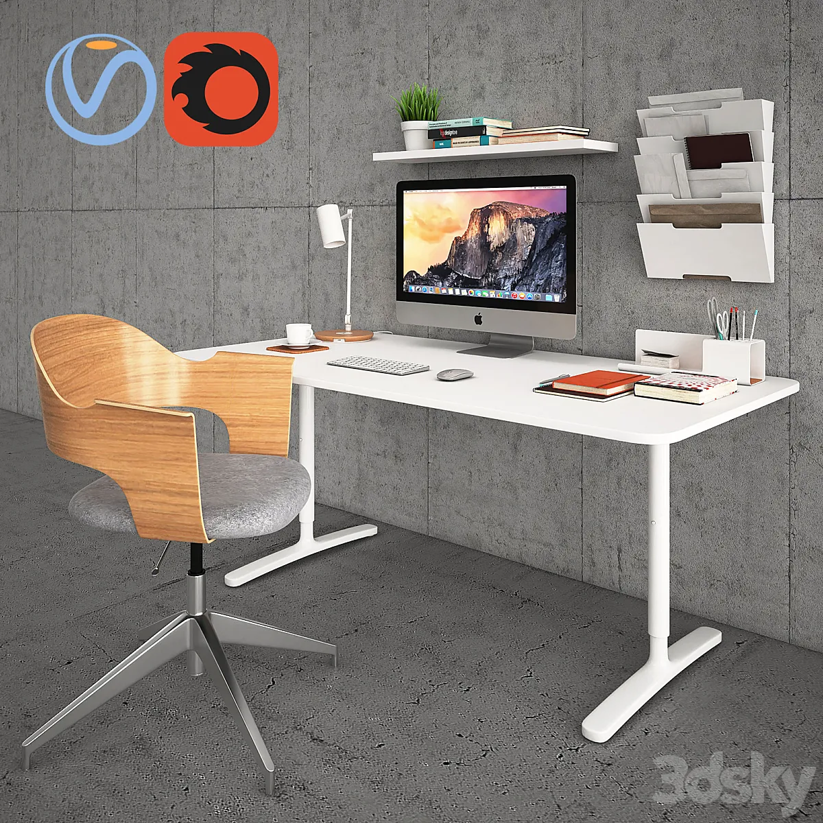 مدل سه بعدی میز کامپیوتر تری دی مکس + ویری Bekant Desk with Fjallberget
