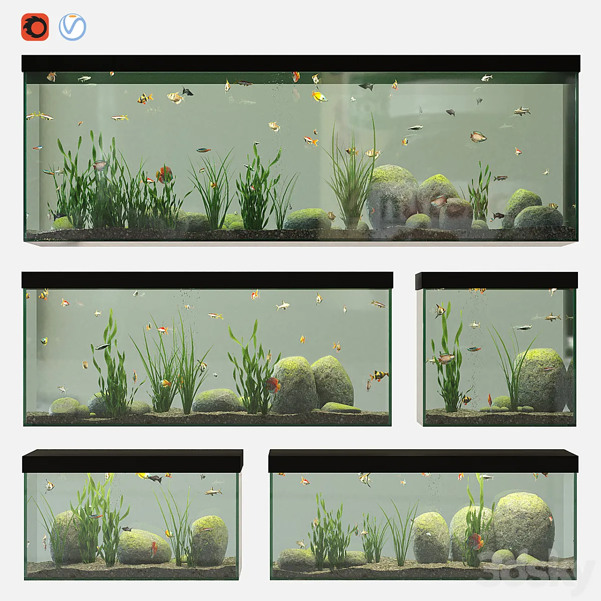 دانلود مدل سه بعدی آکواریوم ماهی تری دی مکس Aquarium set